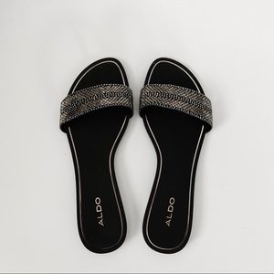 Aldo Black and Silver Cadillina Slide Sandals Flat